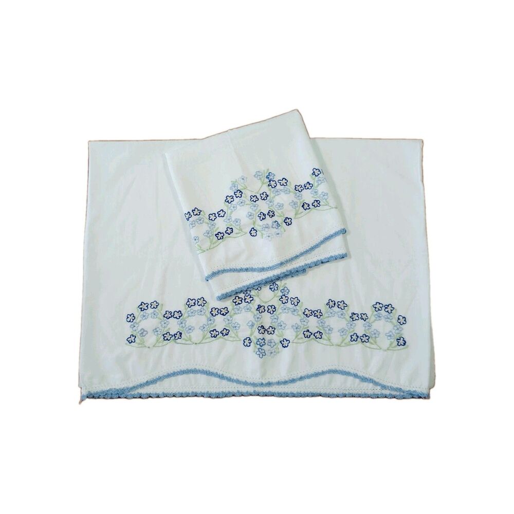 Vtg Embroidered Floral Print Scalloped Edge Standard Size Pillowcases Pair Blue